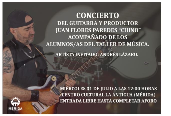 Juan Flores “Chino” y Andrés Lázaro junto a participantes del Campamento Musical ofrecen un concierto como fin de curso en La Antigua