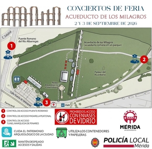 Los Conciertos de Feria en el Acueducto de los Milagros contarán con tres puntos de control de acceso y estará prohibido los envases de vidrio